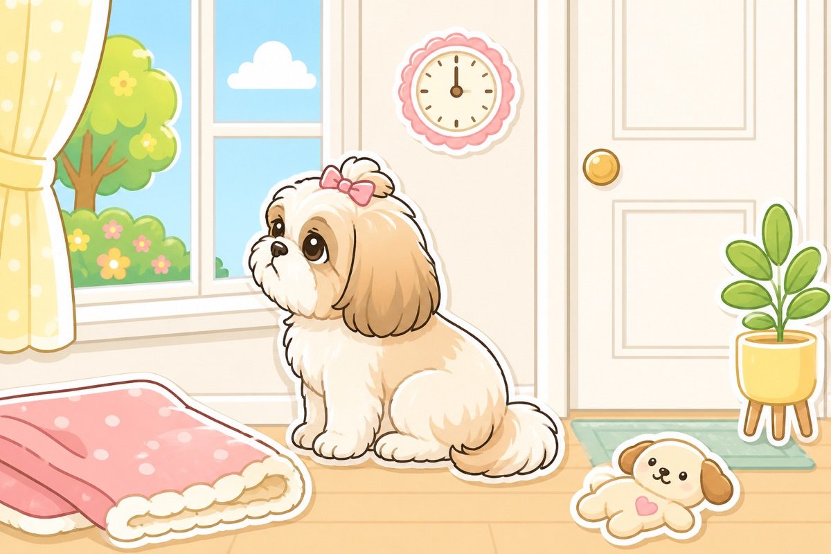 Illustration of a shih tzu waiting by the door