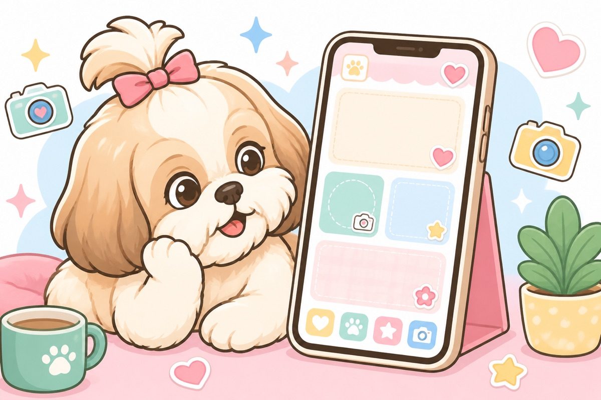 Illustration of a shih tzu looking at a journal app on a phone