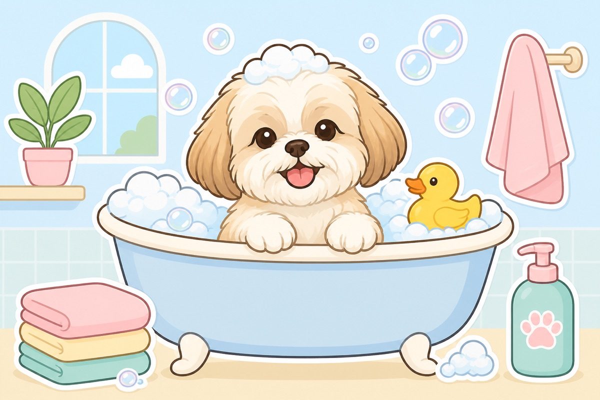 Illustration of a shih tzu in a bubble bath with a rubber duck