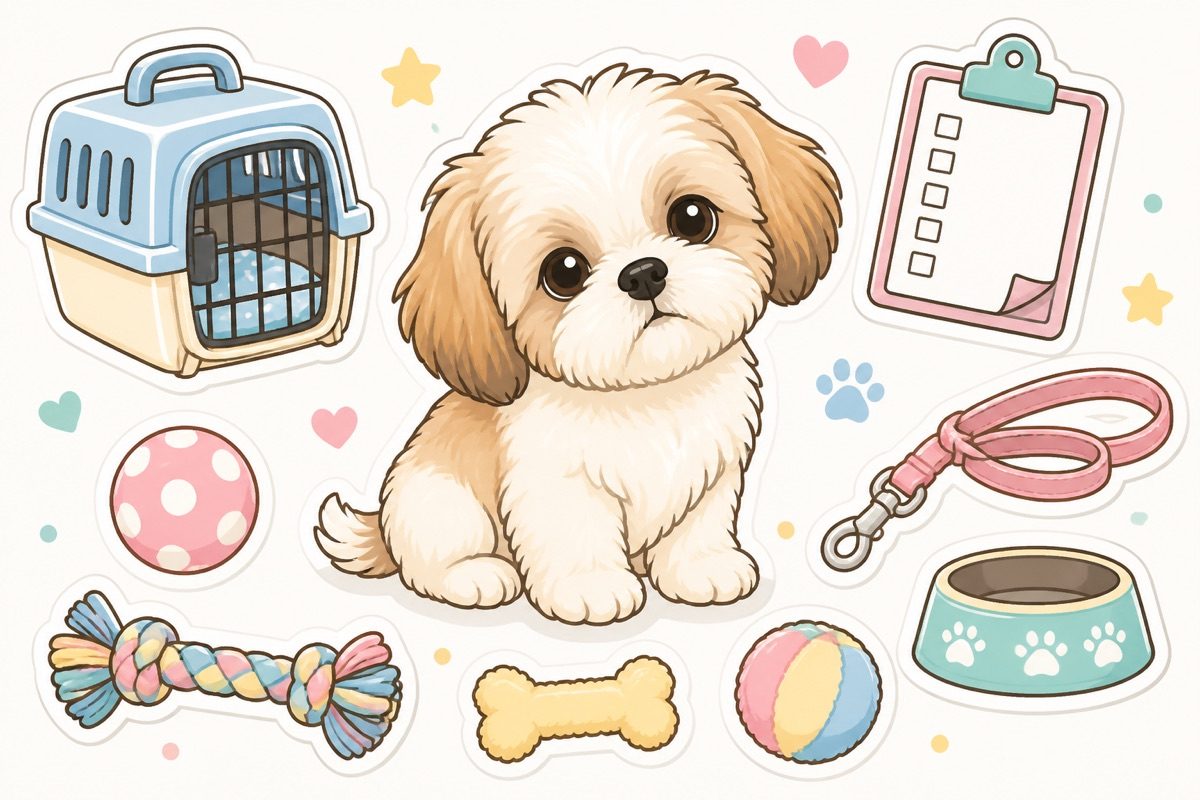 Illustration of a puppy surrounded by new-puppy gear