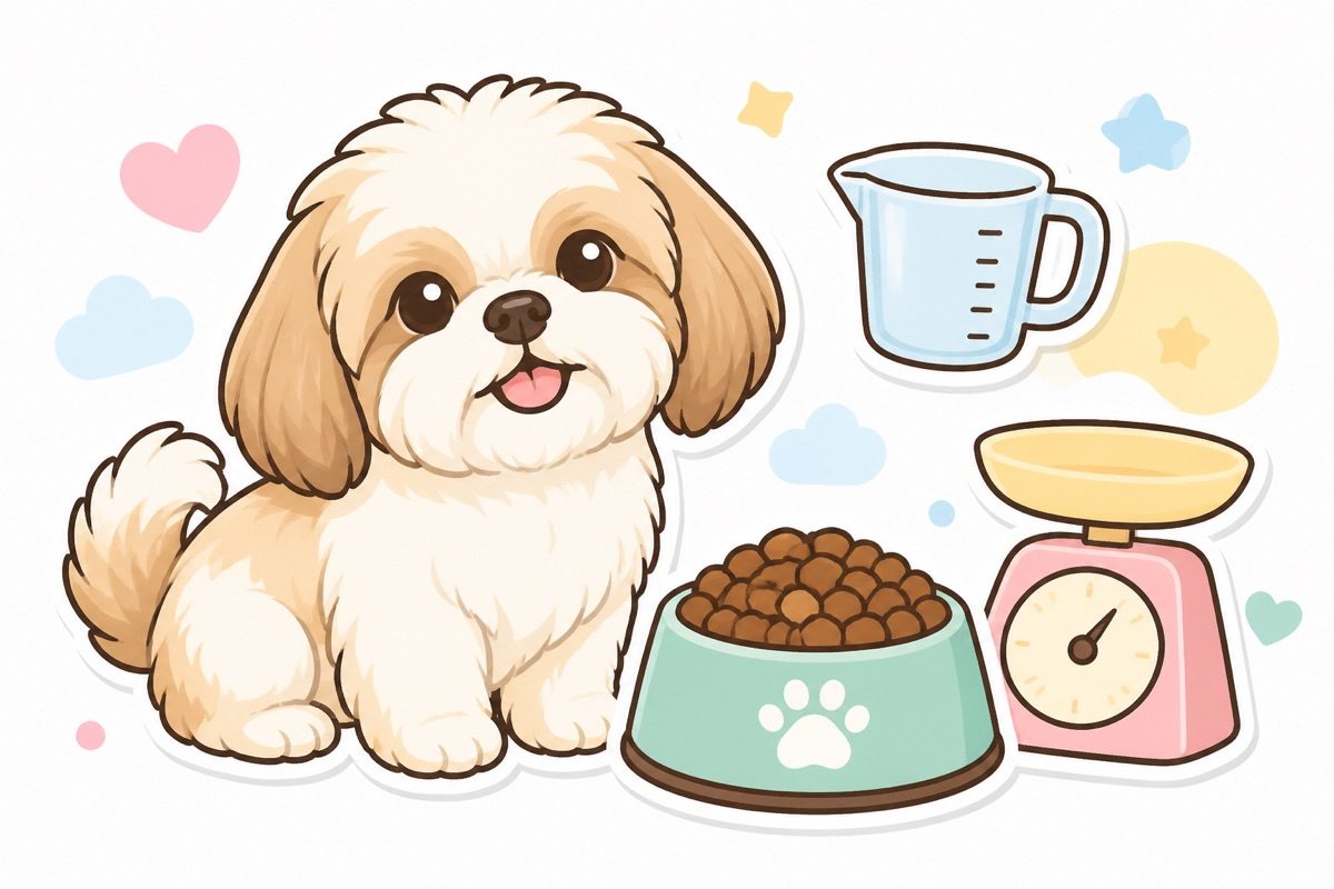 Illustration of a shih tzu with a food bowl and measuring cup