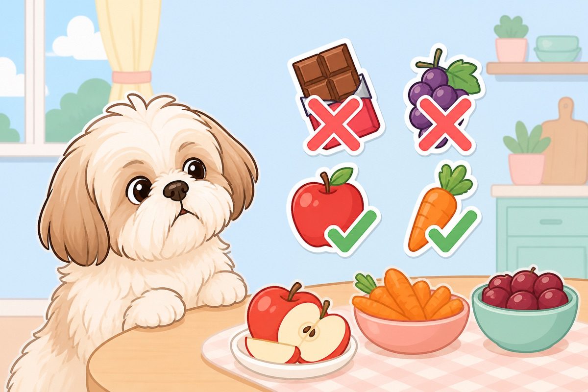 Illustration of a shih tzu studying safe and unsafe foods