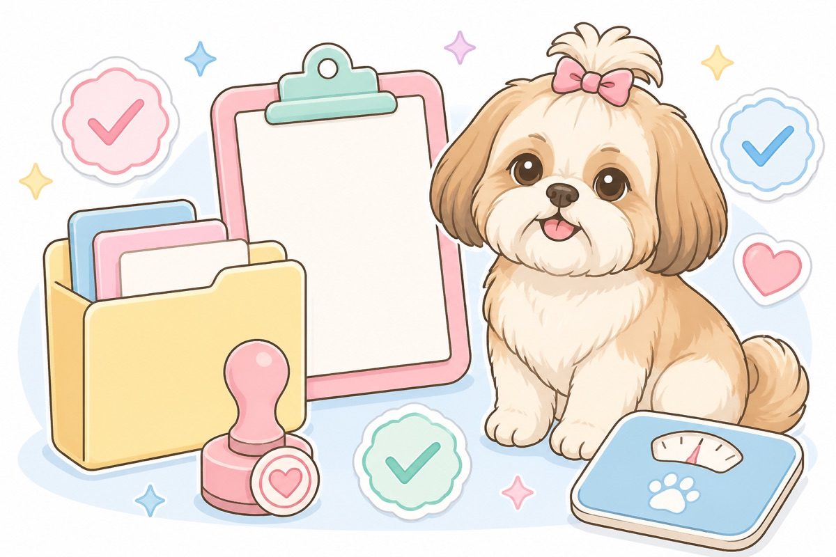 Illustration of a shih tzu with a folder of health records