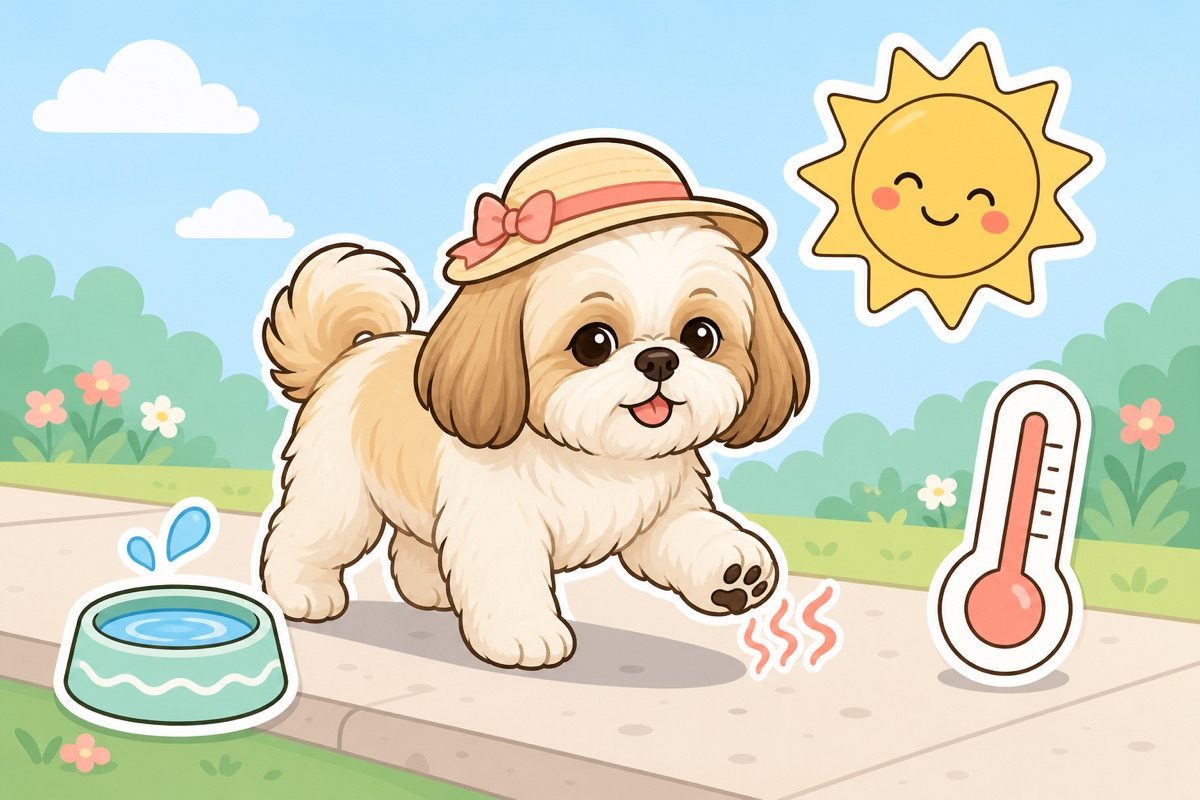 Illustration of a shih tzu on a sunny walk with a water bowl and thermometer