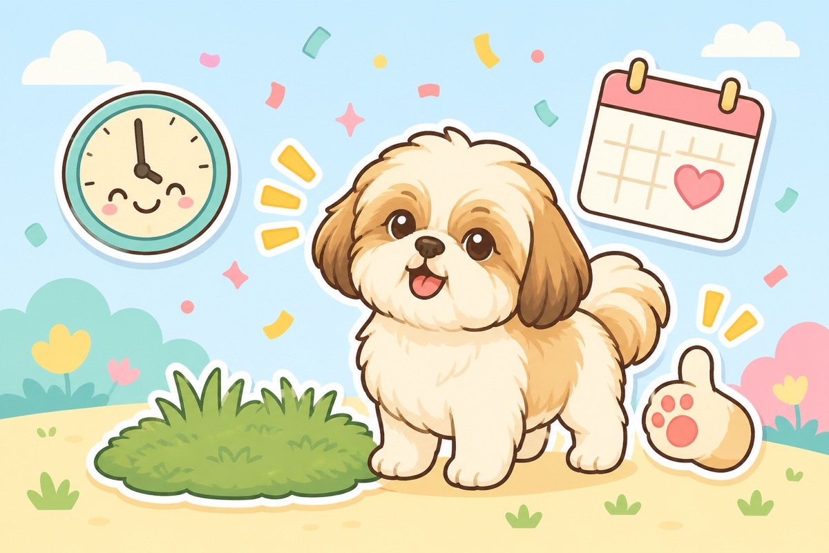 Illustration of a proud puppy next to a grass patch with a clock and calendar