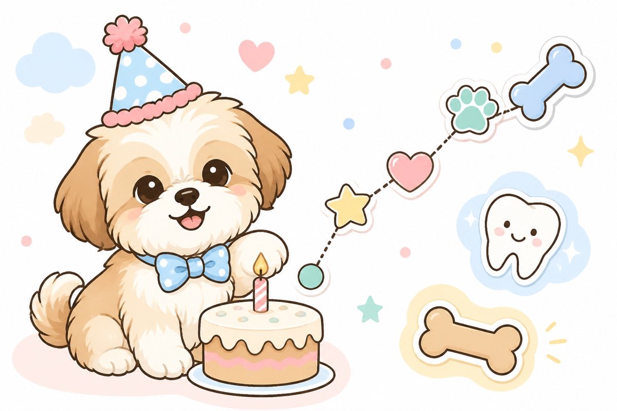 Illustration of a puppy with a first birthday cake