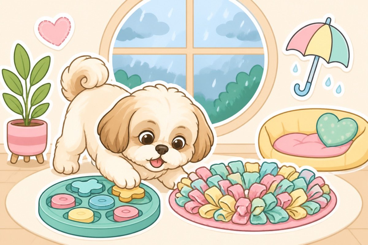 Illustration of a shih tzu playing indoors while it rains