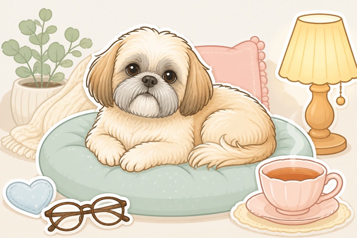 Illustration of a grey-muzzled shih tzu on a cushion
