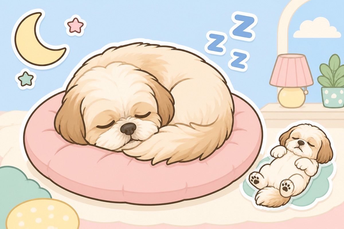 Illustration of a shih tzu sleeping curled in a donut