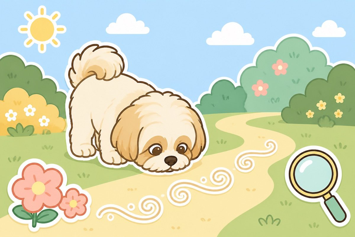 Illustration of a shih tzu sniffing a scent trail