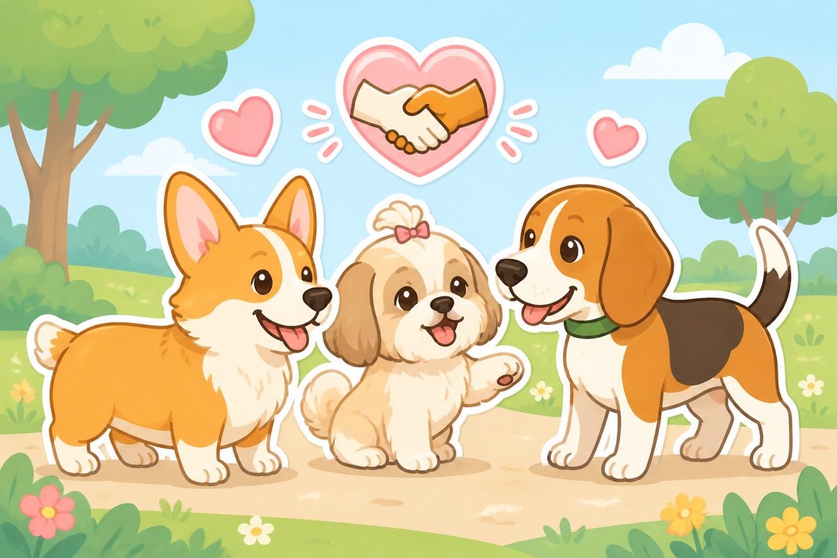 Illustration of a puppy meeting a corgi and a beagle