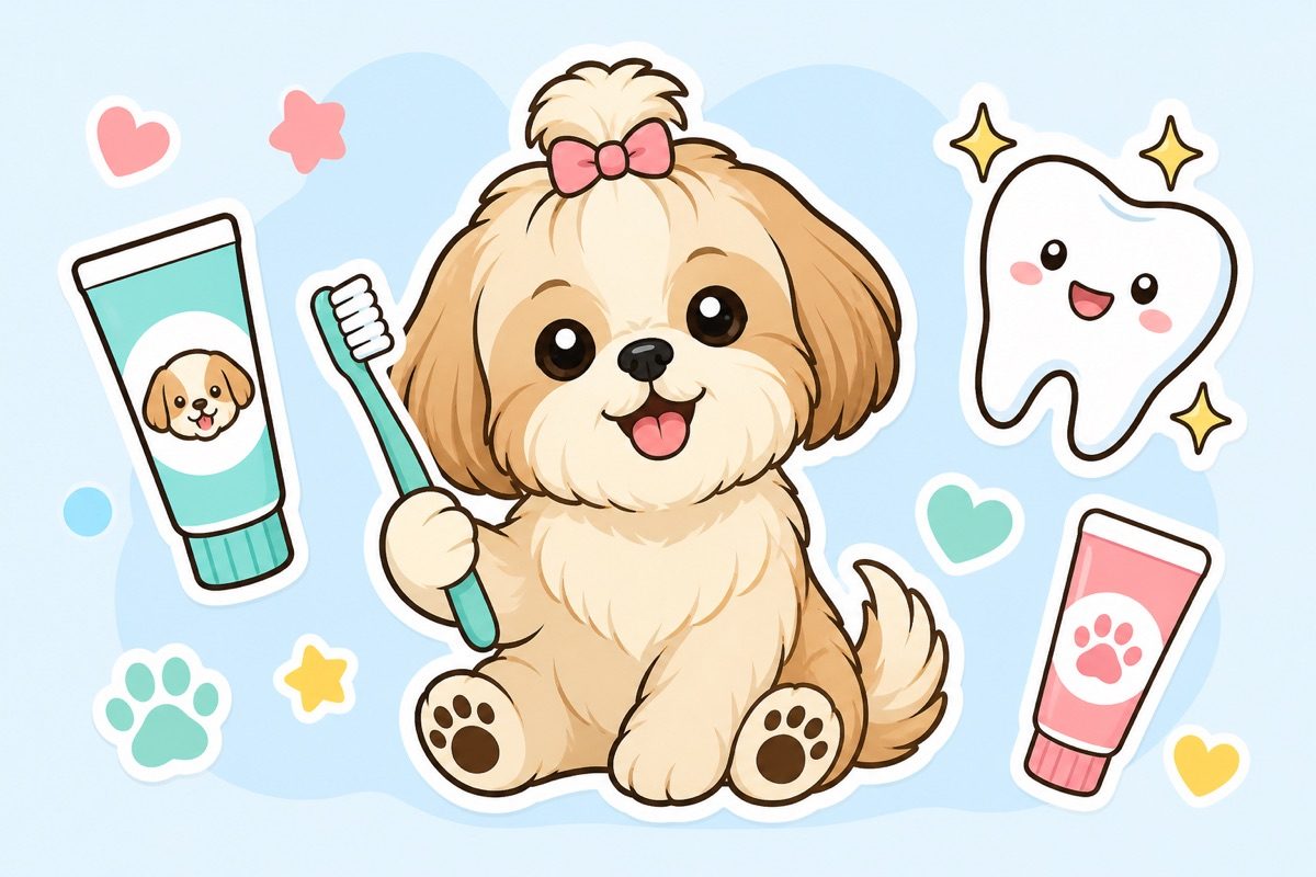 Illustration of a shih tzu with a toothbrush