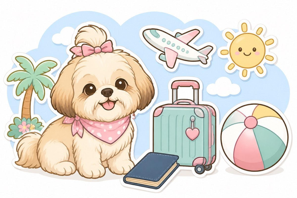 Illustration of a shih tzu with a suitcase and passport