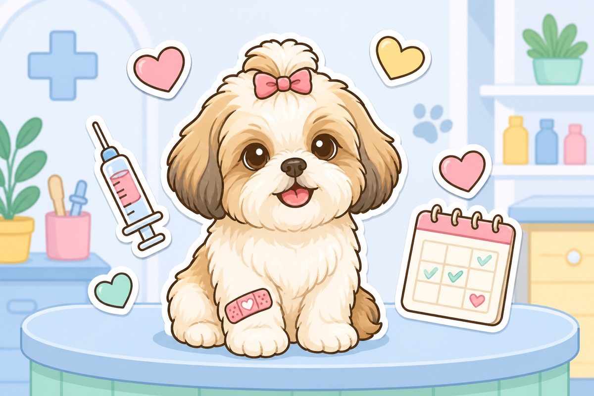 Illustration of a shih tzu puppy at the vet with a vaccine calendar
