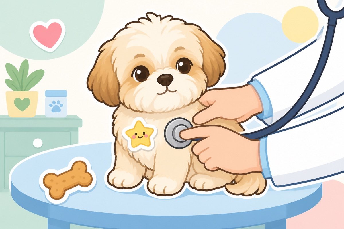 Illustration of a brave puppy at a vet check-up