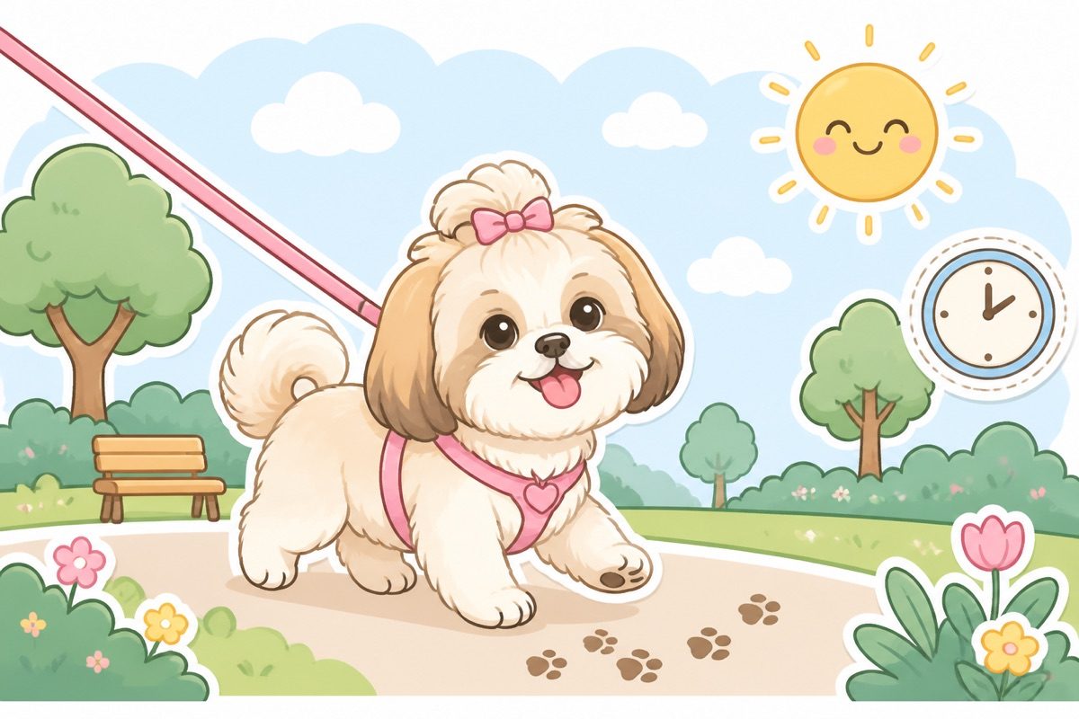 Illustration of a shih tzu walking on a leash in the park